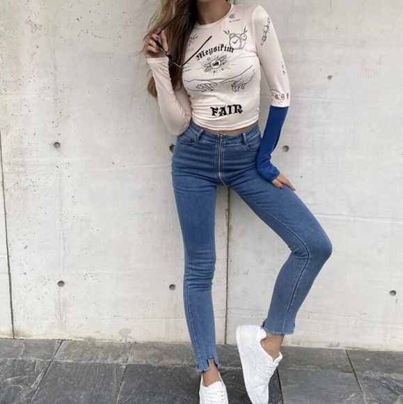 MEYSI KIM Hand & Letter Graphic Long Sleeve and Stretch Colorblock Crop Tee - Picture 7 of 14